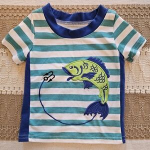 Striped Blue and Green Fish Applique Kids Tee Sz 12M